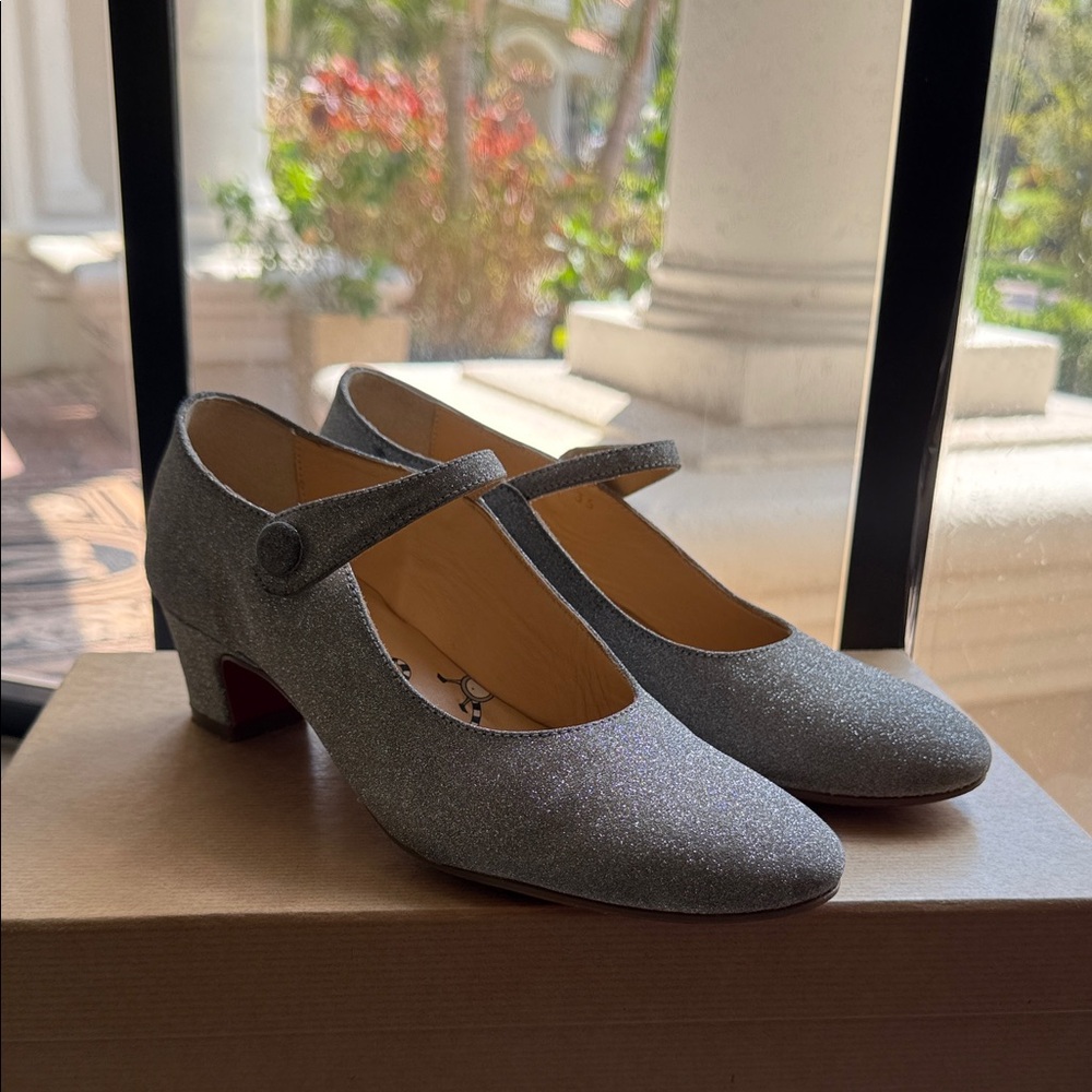 Christian Louboutin Girl Silver Glitter Mary Jane Heels - Girl’s Dress Shoes